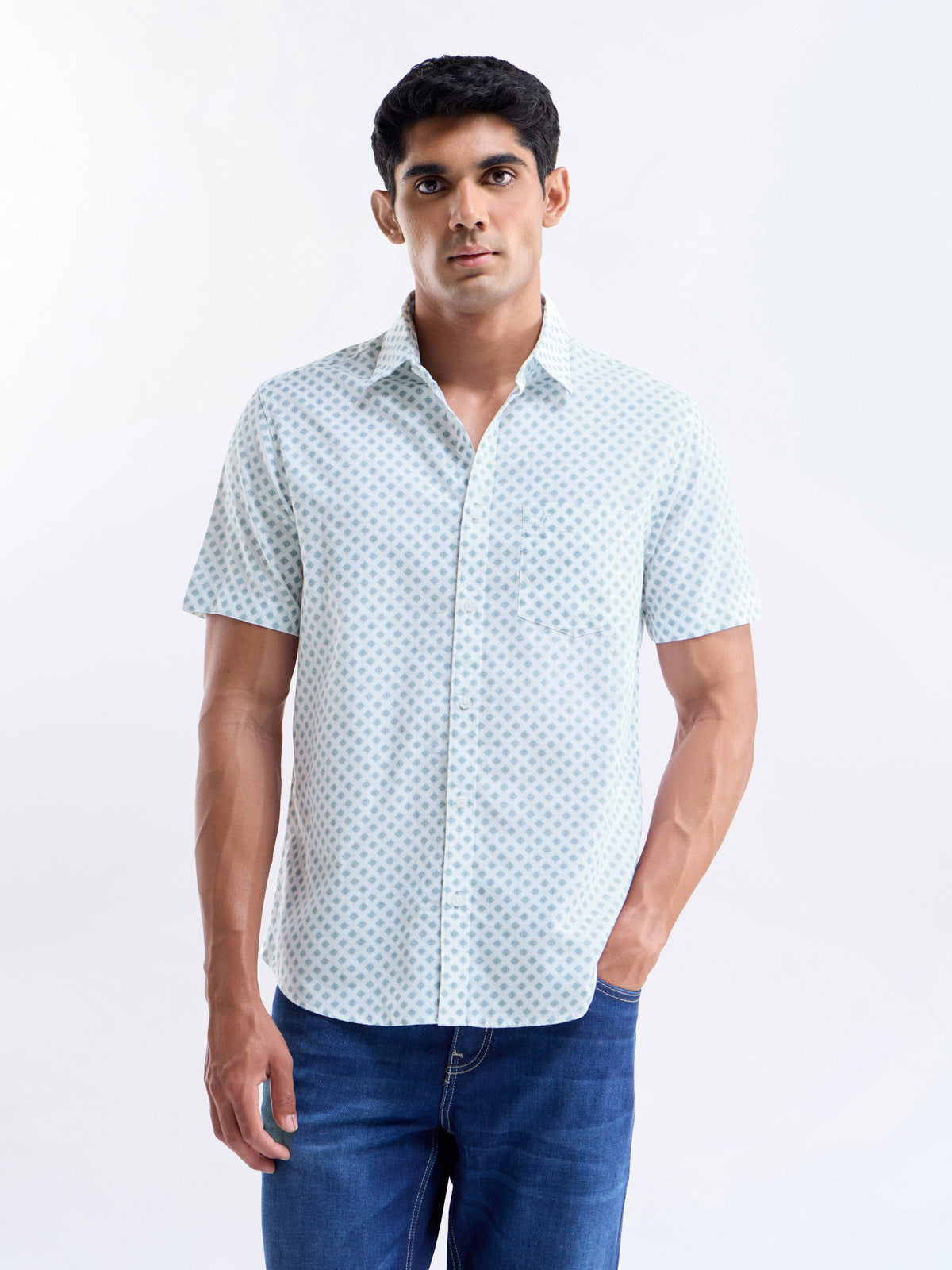 Printed Regular Fit Shirt - Sky t4option_1