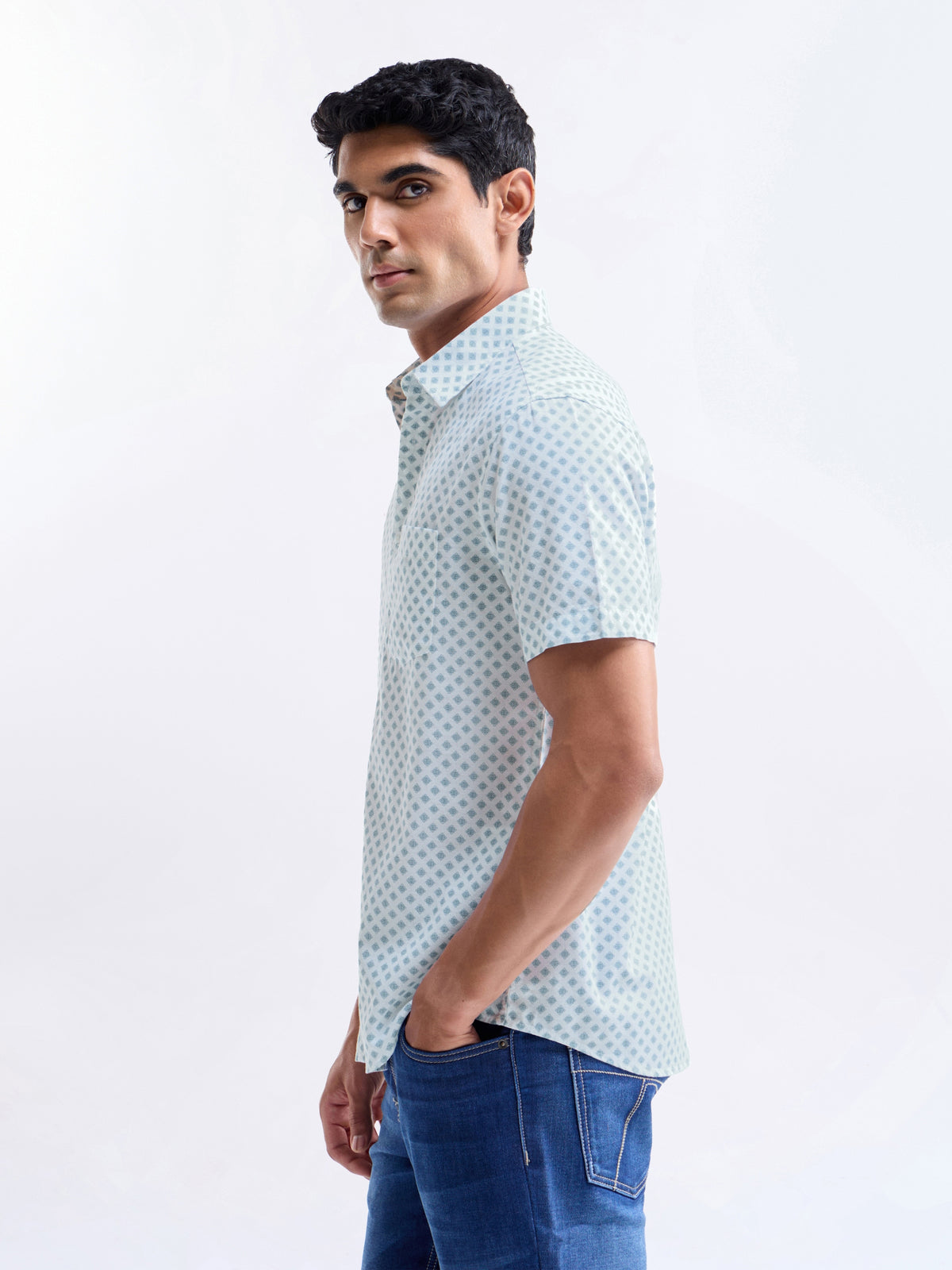 Printed Regular Fit Shirt - Sky t4option_1