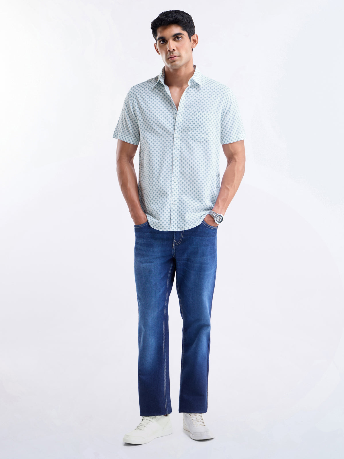 Printed Regular Fit Shirt - Sky t4option_1