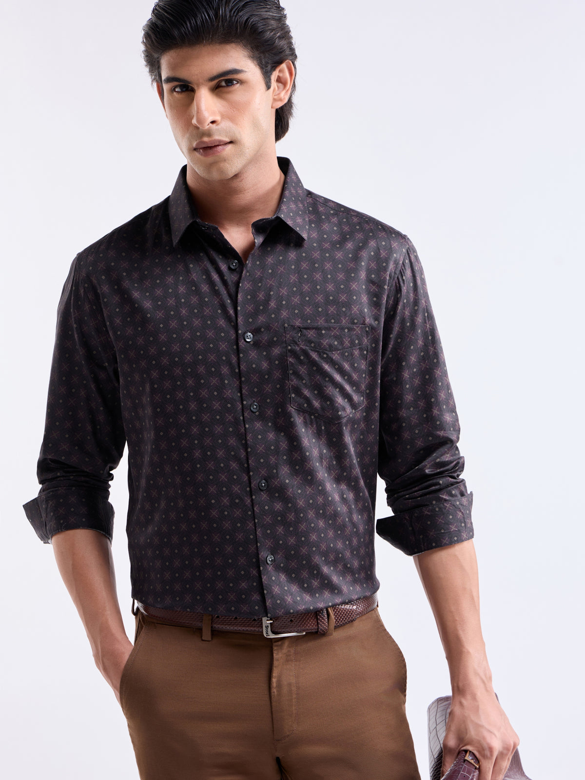 Printed Regular Fit Shirt - Choco t4option_0