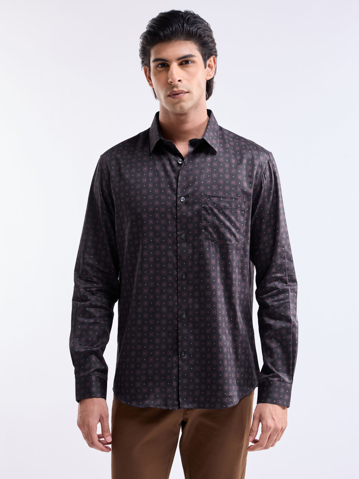 Printed Regular Fit Shirt - Choco t4option_0