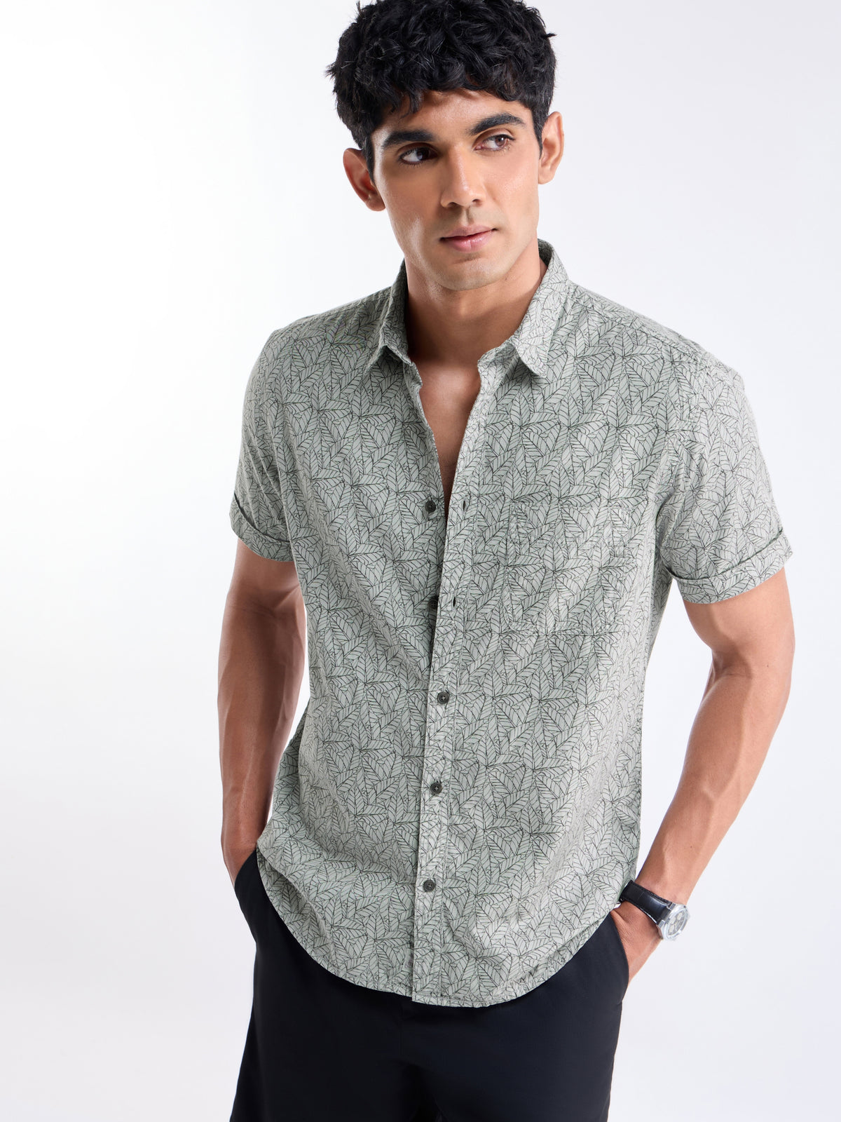 Printed Slim Fit Shirt - Grey t4option_0