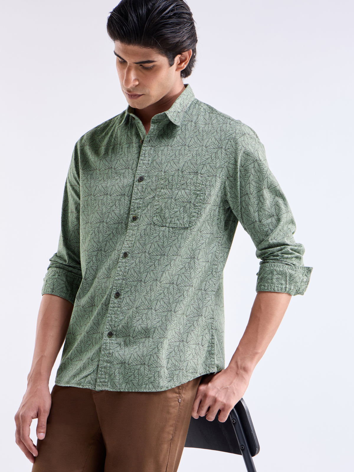 Printed Slim Fit Shirt - Olive t4option_1