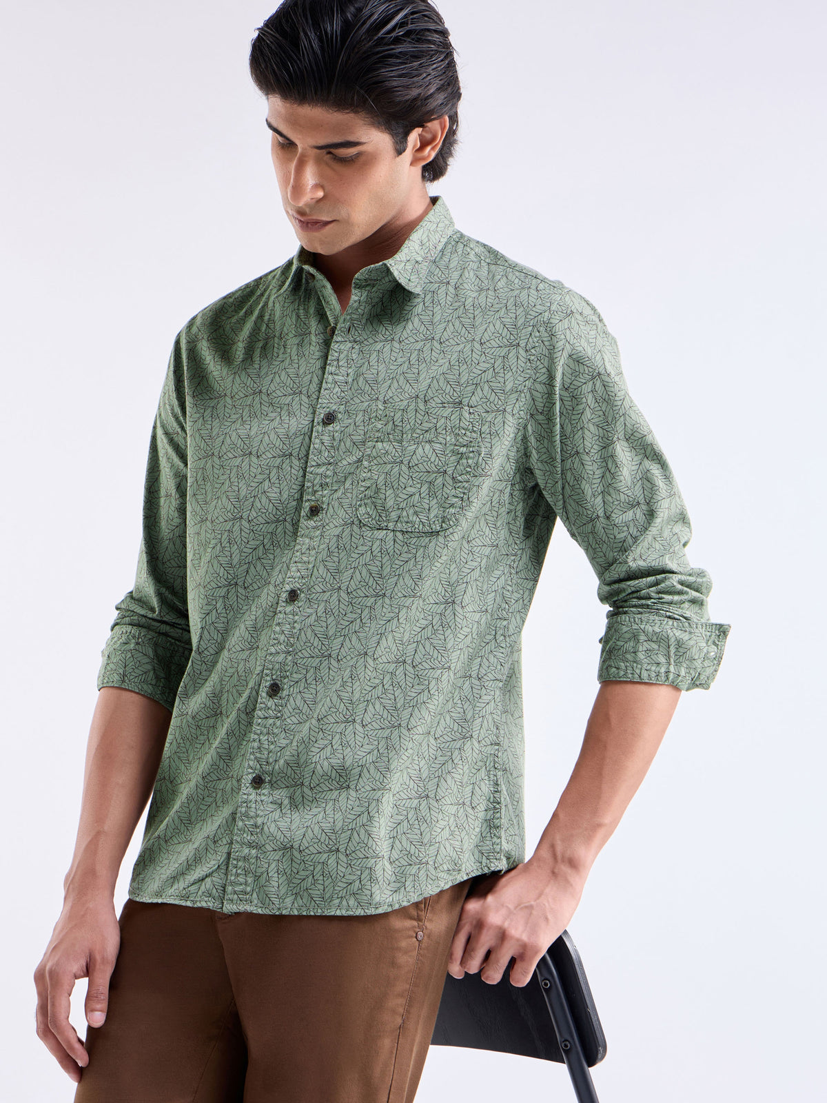 Printed Slim Fit Shirt - Olive t4option_1