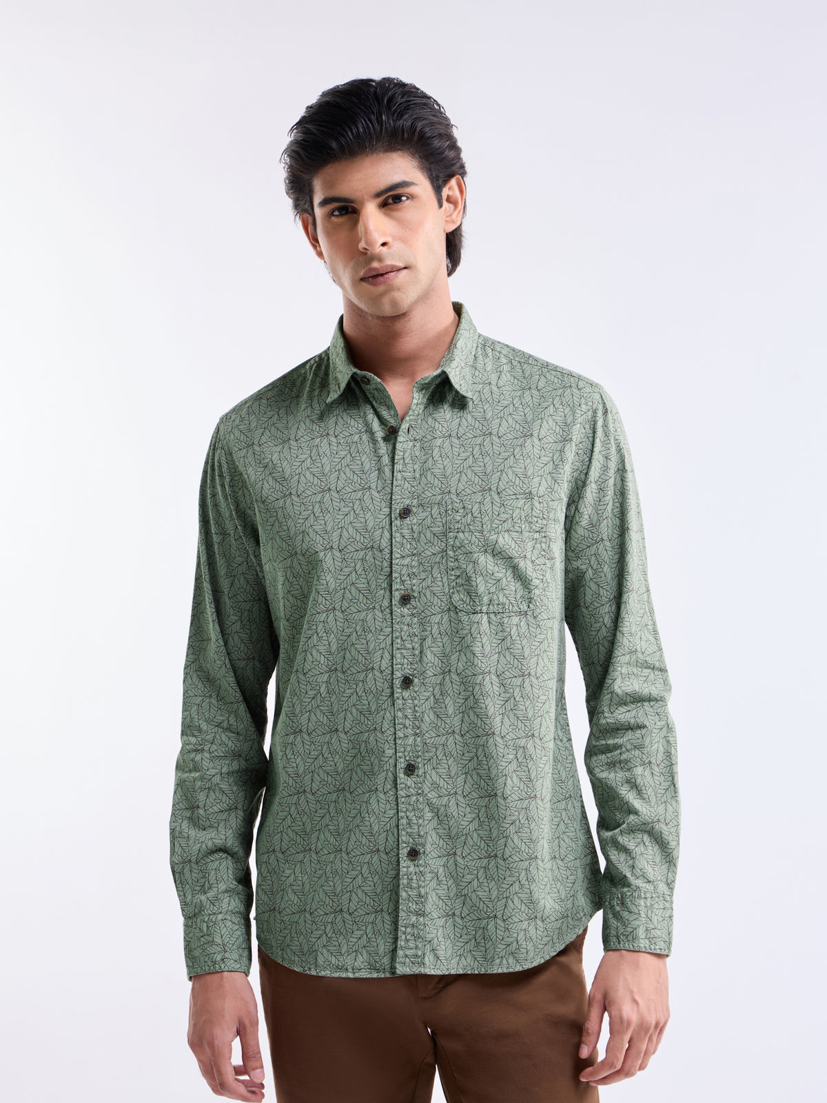 Printed Slim Fit Shirt - Olive t4option_1