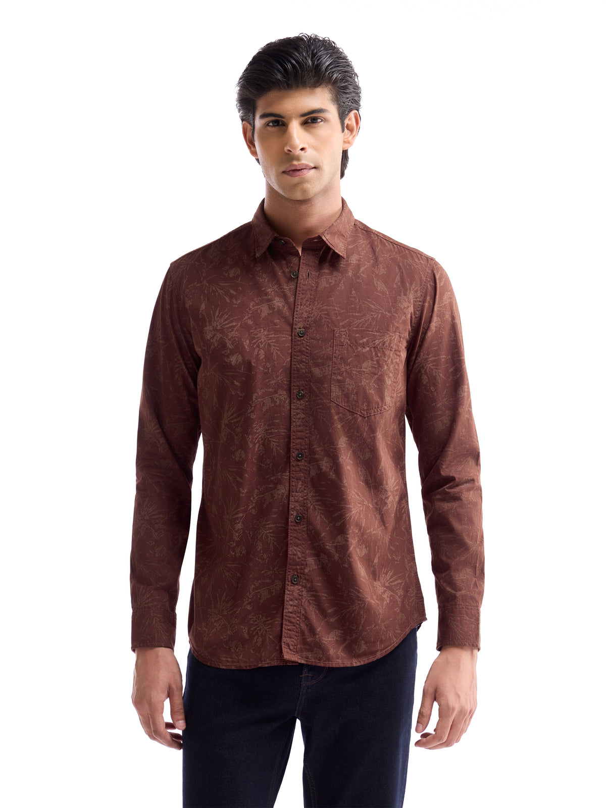 Printed Regular Fit Shirt - Brown t4option_1
