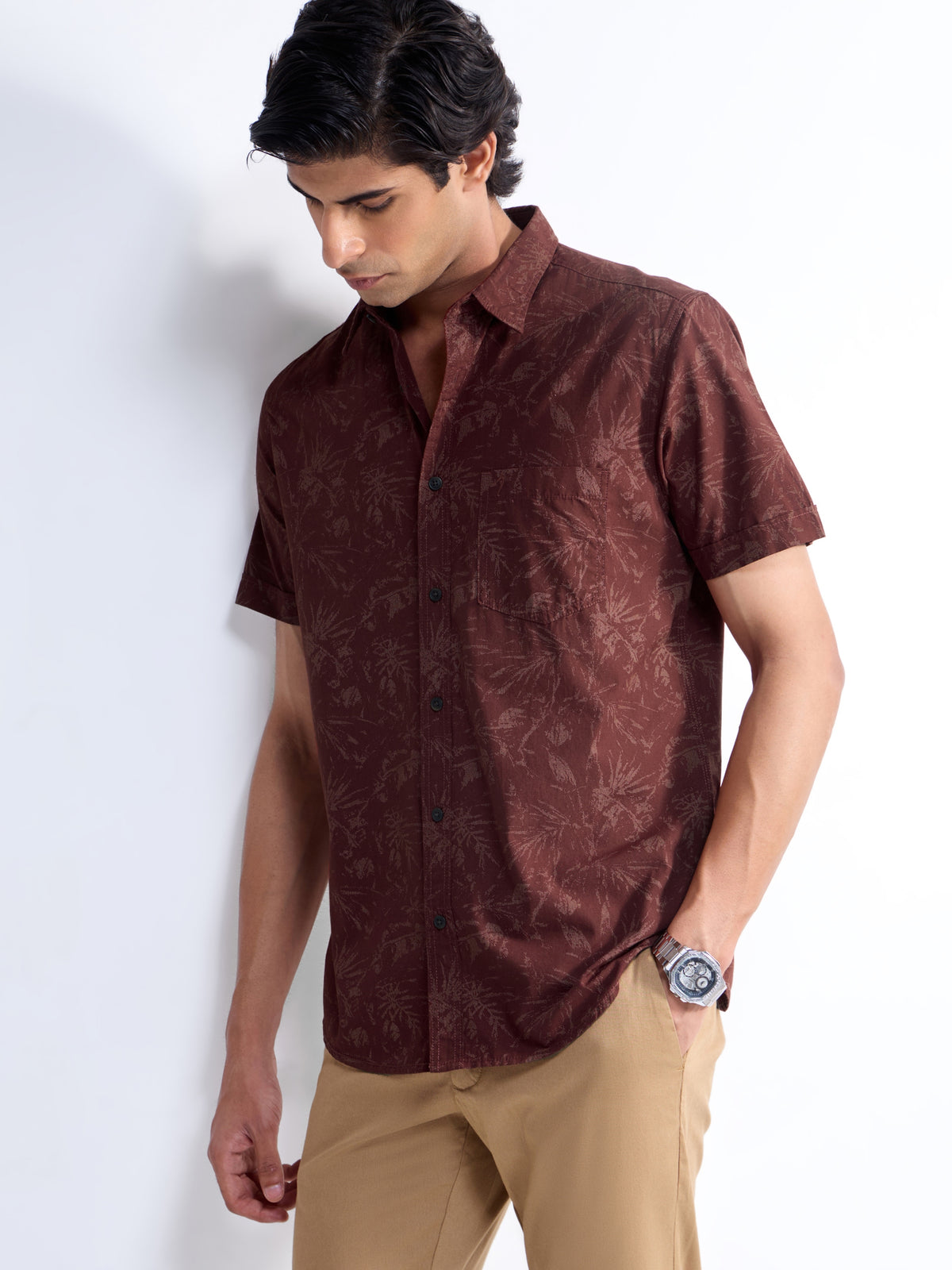 Printed Regular Fit Shirt - Brown t4option_1