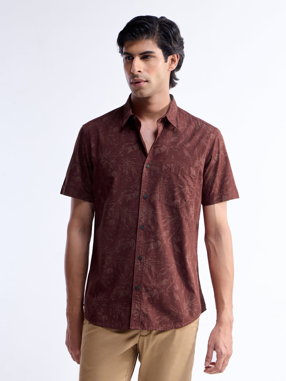 Printed Regular Fit Shirt - Brown t4option_1