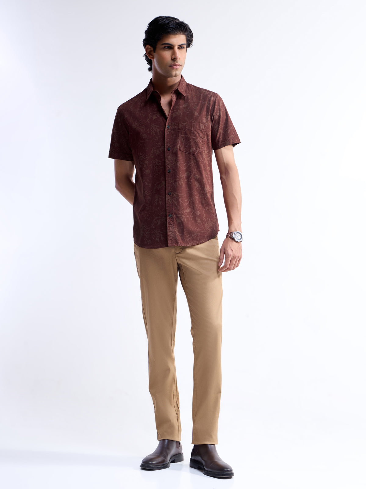 Printed Regular Fit Shirt - Brown t4option_1