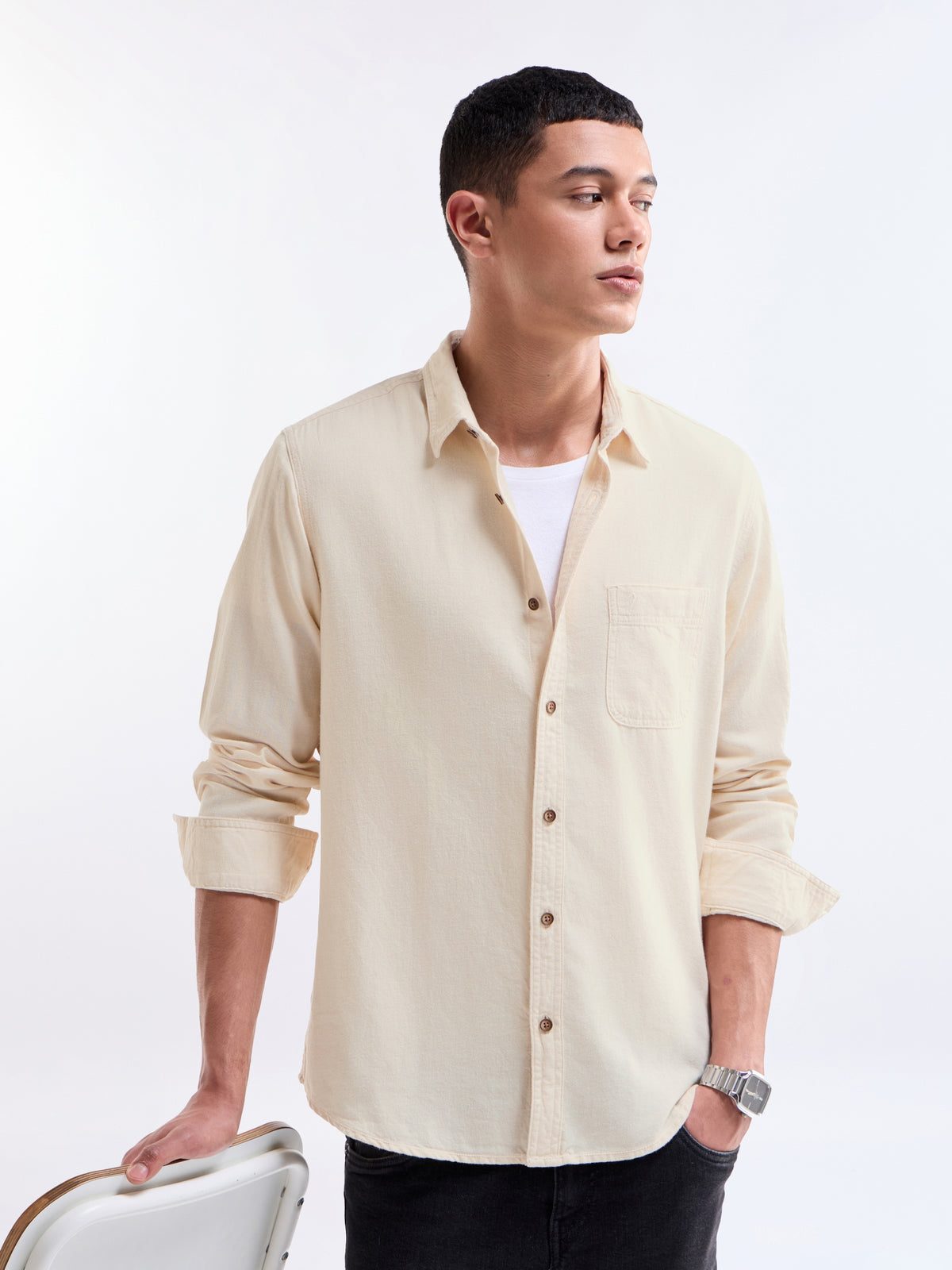 Ecru Solid Regular Fit Shirt - Ecru t4option_0