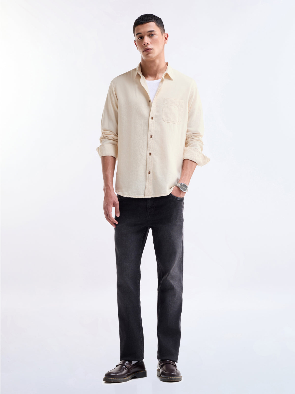 Ecru Solid Regular Fit Shirt - Ecru t4option_0