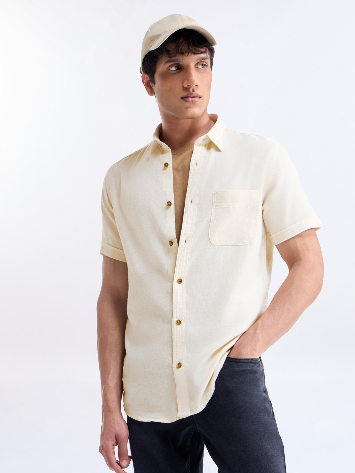 Solid Half Sleeve Cotton Shirt - Ecru t4option_0