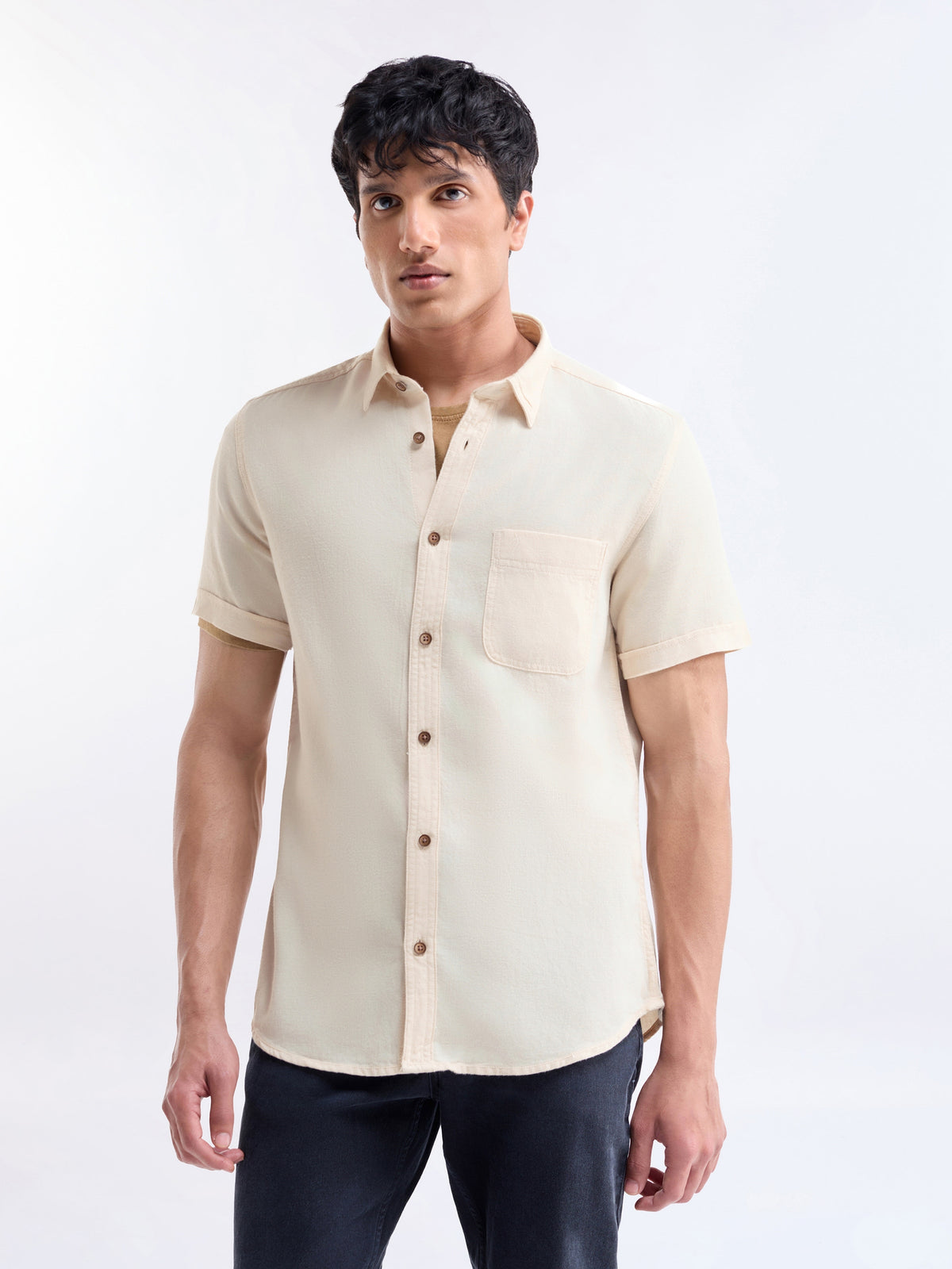 Solid Half Sleeve Cotton Shirt - Ecru t4option_0