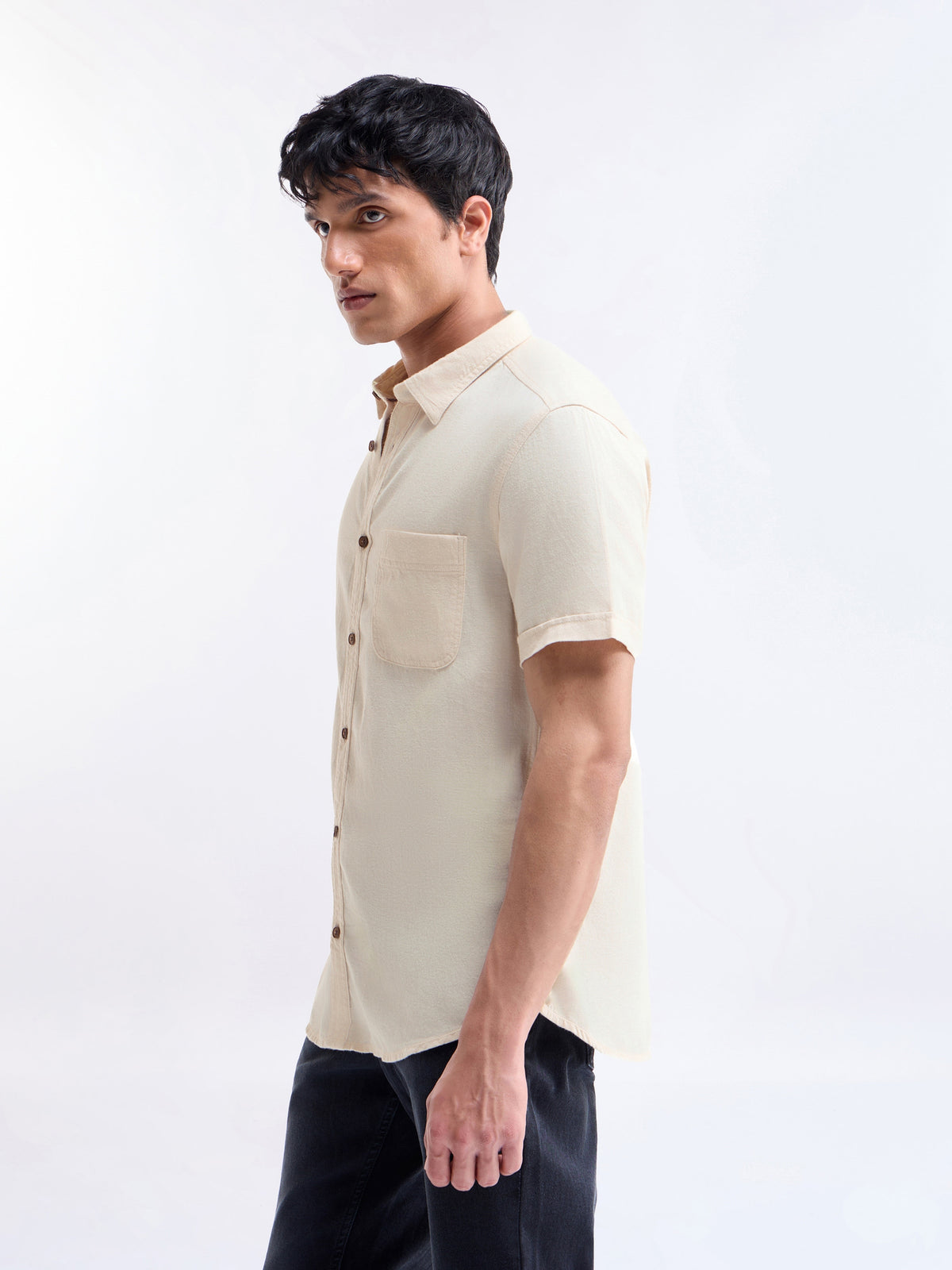 Solid Half Sleeve Cotton Shirt - Ecru t4option_0
