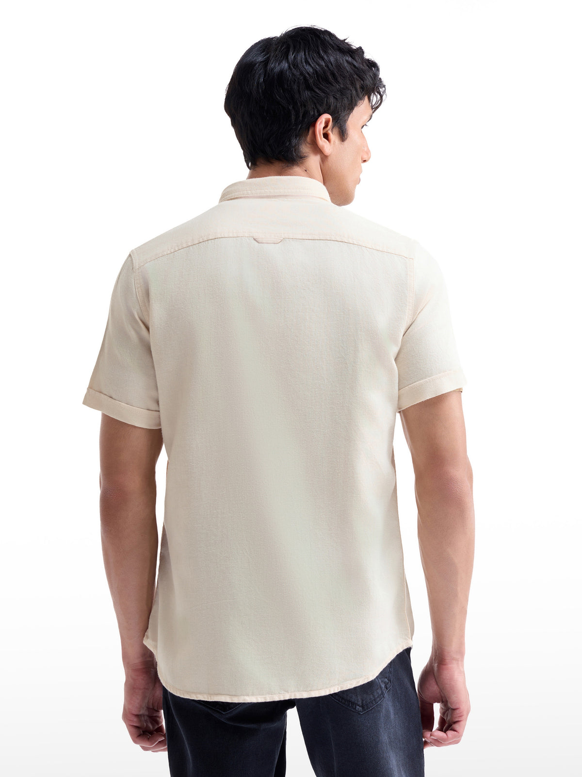 Solid Half Sleeve Cotton Shirt - Ecru t4option_0