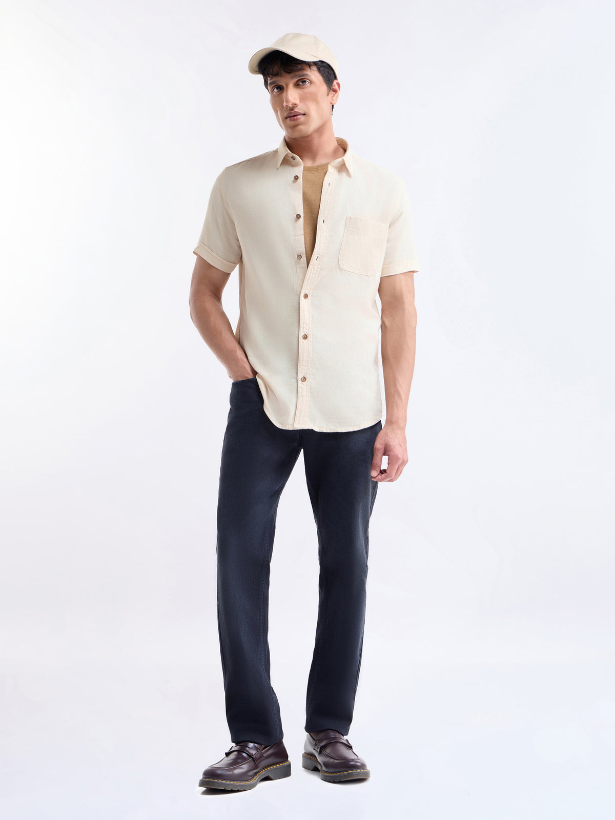 Solid Half Sleeve Cotton Shirt - Ecru t4option_0