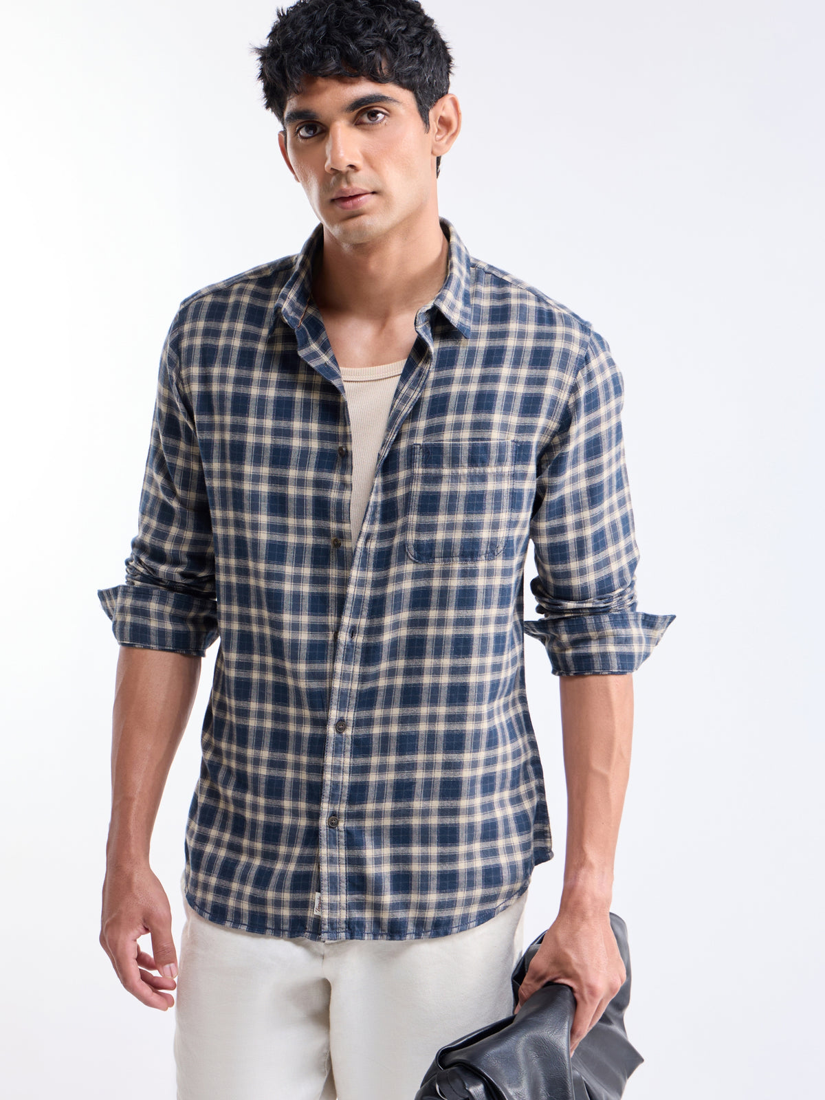 Navy check Slim Fit Shirt - Navy t4option_0