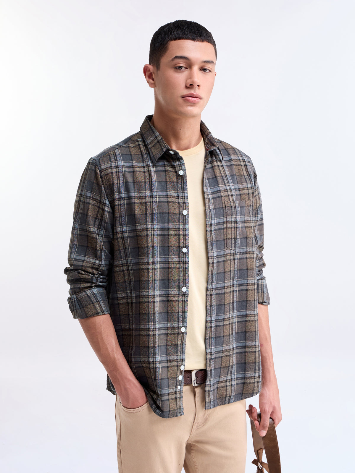 Brown check Regular Fit Shirt - Brown t4option_0