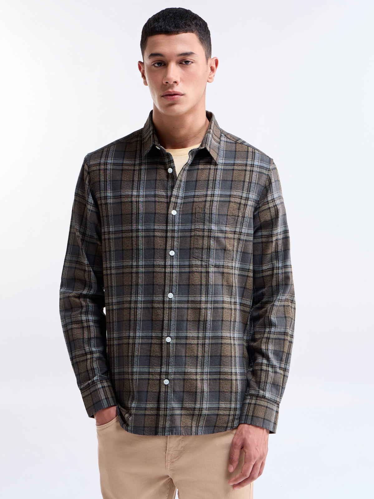 Brown check Regular Fit Shirt - Brown t4option_0