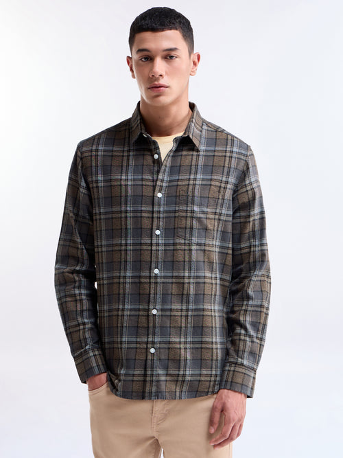 Brown check Regular Fit Shirt - Brown t4option_0
