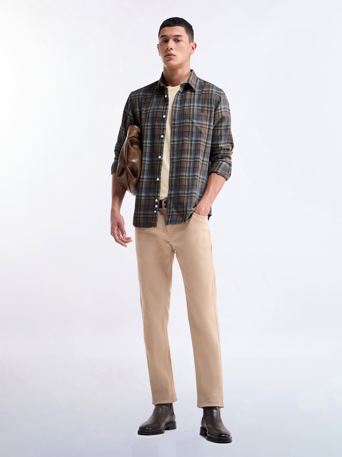 Brown check Regular Fit Shirt - Brown t4option_0