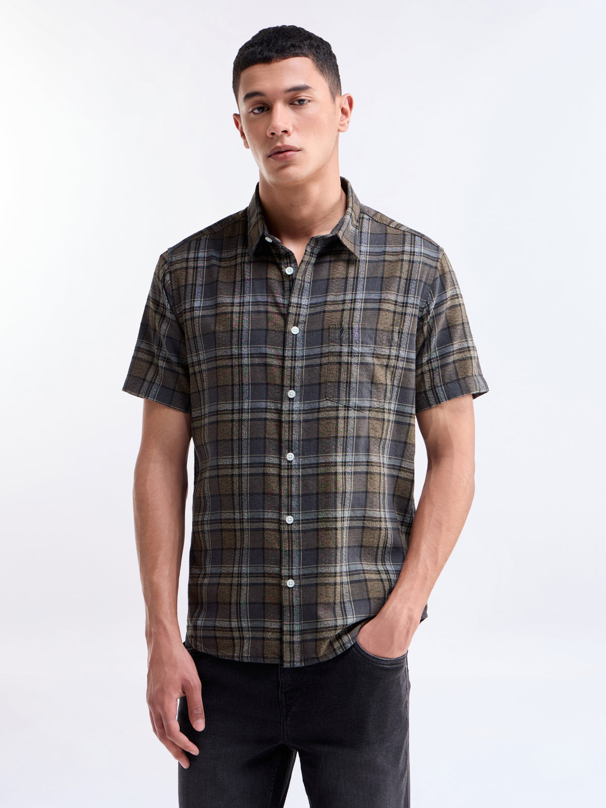 Brown check Regular Fit Shirt - Brown t4option_0