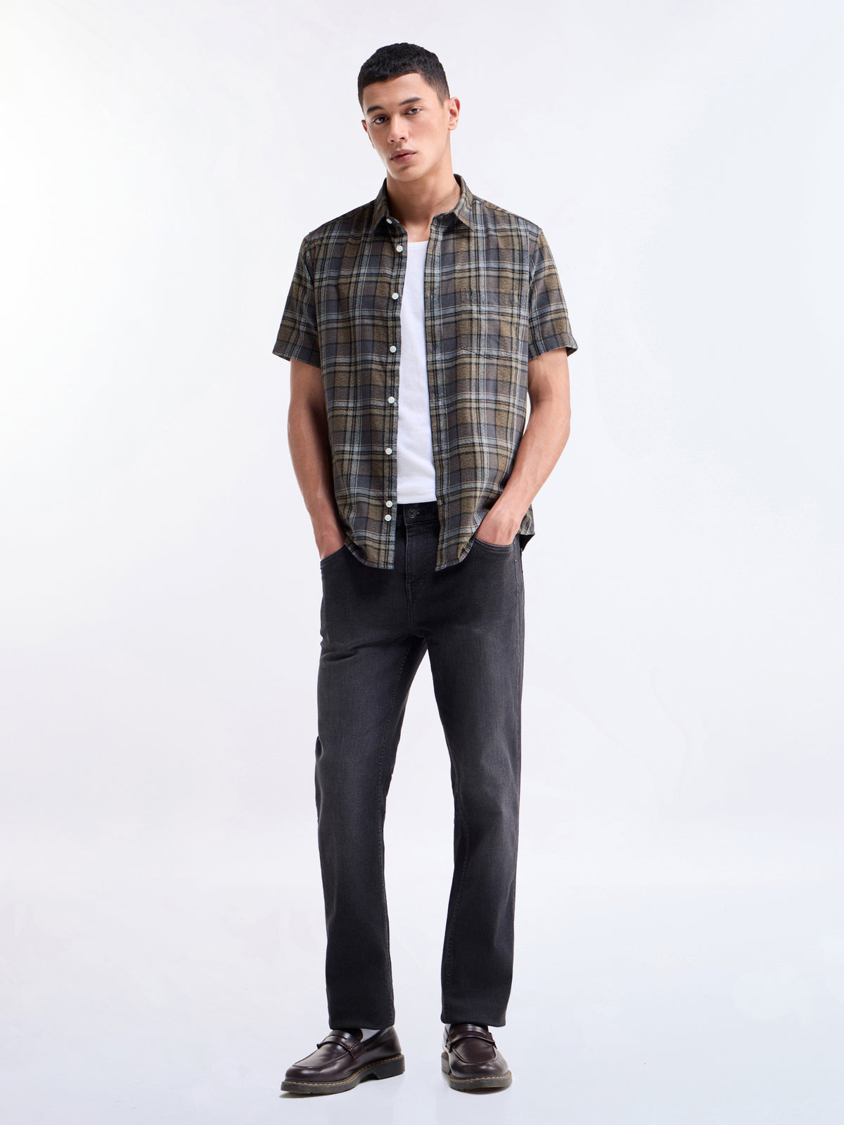 Brown check Regular Fit Shirt - Brown t4option_0