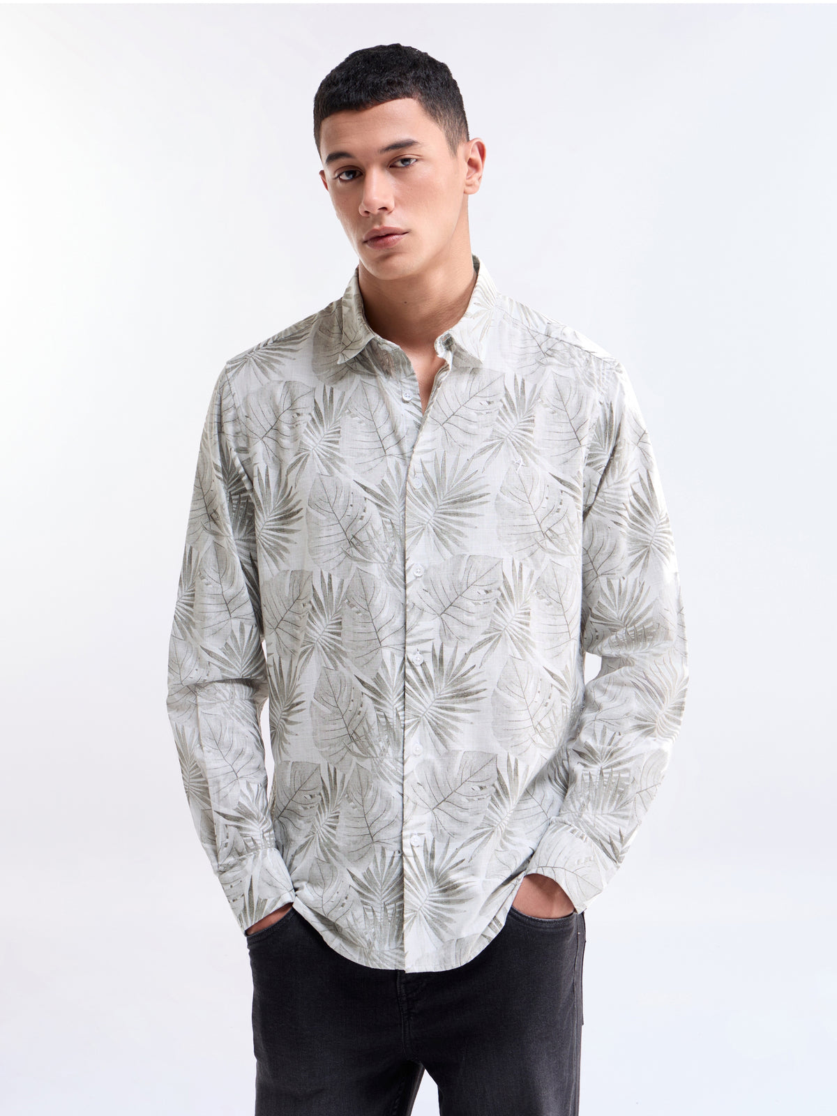 Grey Printed Regular Fit Shirt - Grey t4option_0