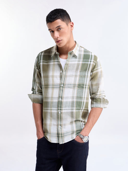 Olive check Regular Fit Shirt - Olive t4option_0