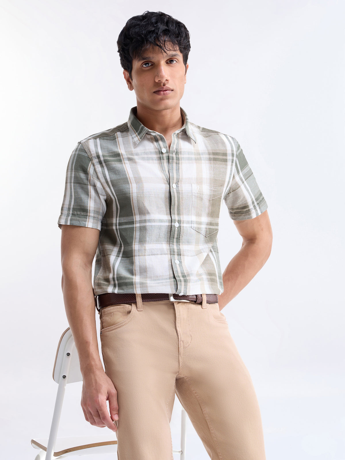 Check Half Sleeve Cotton Linen Shirt - Olive t4option_0
