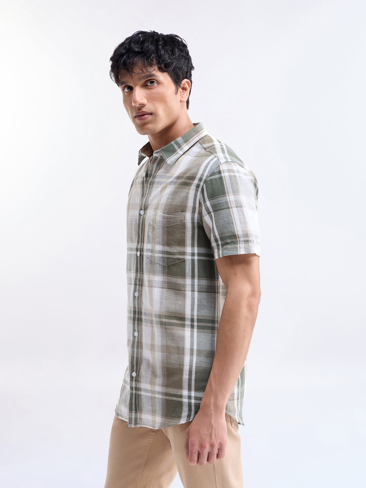 Check Half Sleeve Cotton Linen Shirt - Olive t4option_0
