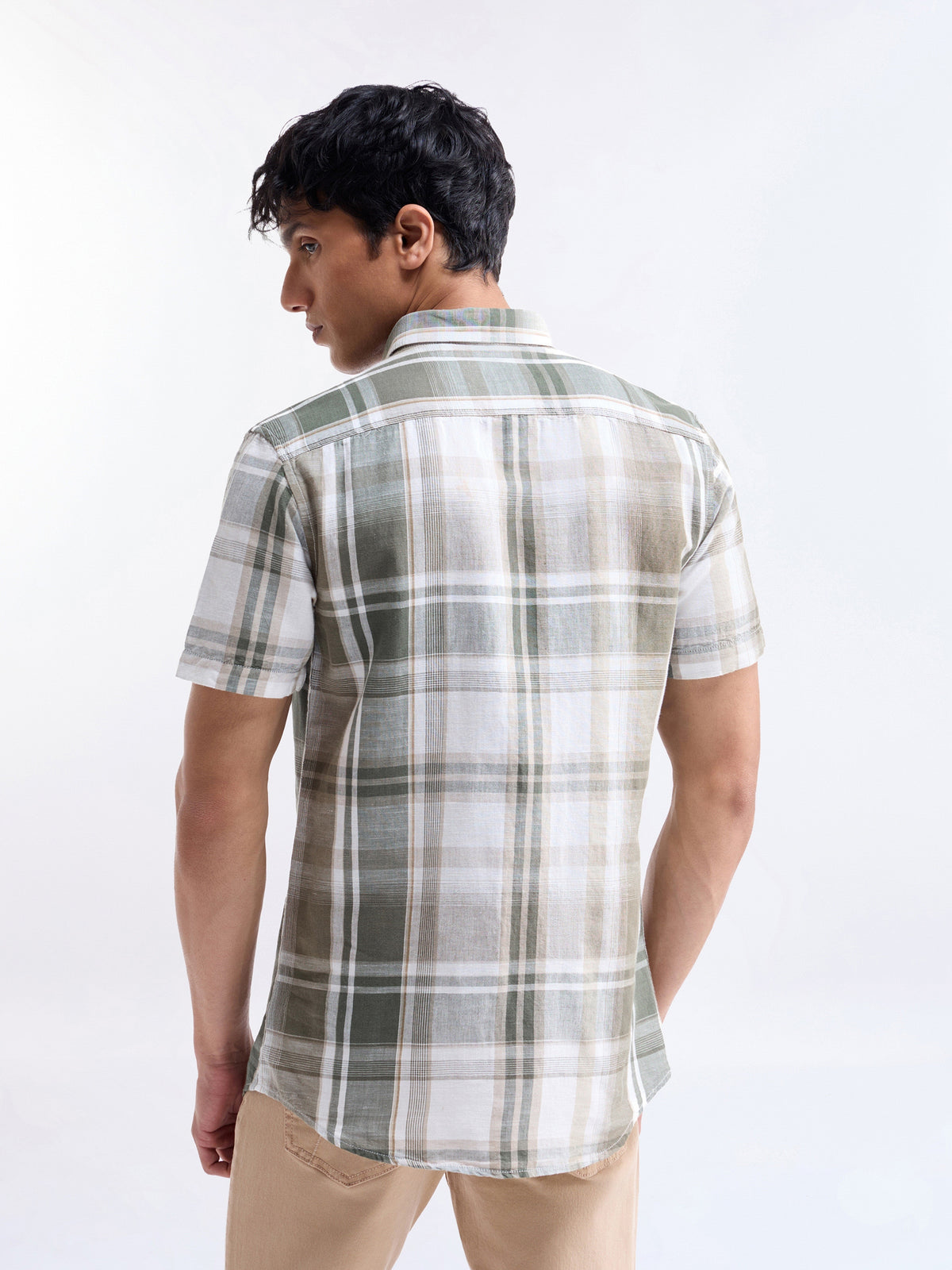 Check Half Sleeve Cotton Linen Shirt - Olive t4option_0