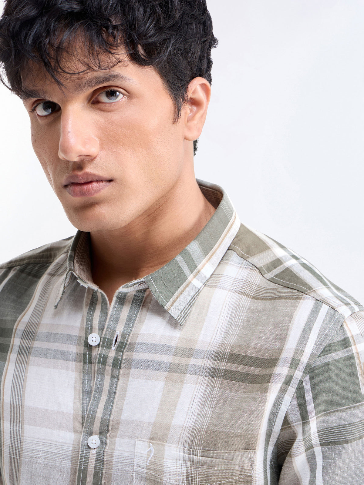 Check Half Sleeve Cotton Linen Shirt - Olive t4option_0