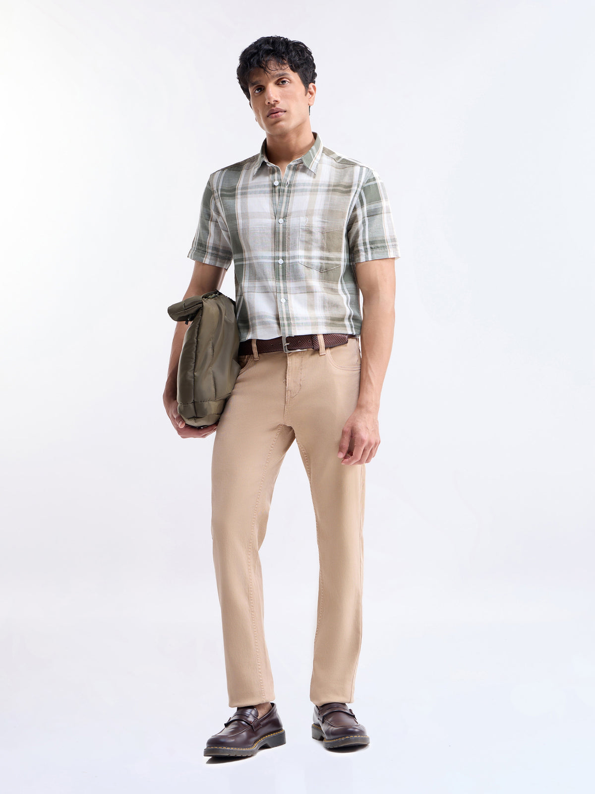 Check Half Sleeve Cotton Linen Shirt - Olive t4option_0