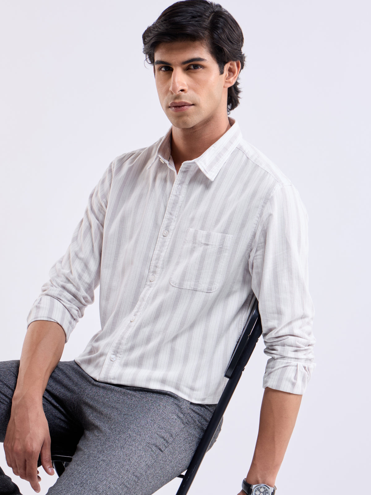 White Striped Regular Fit Shirt - White t4option_0