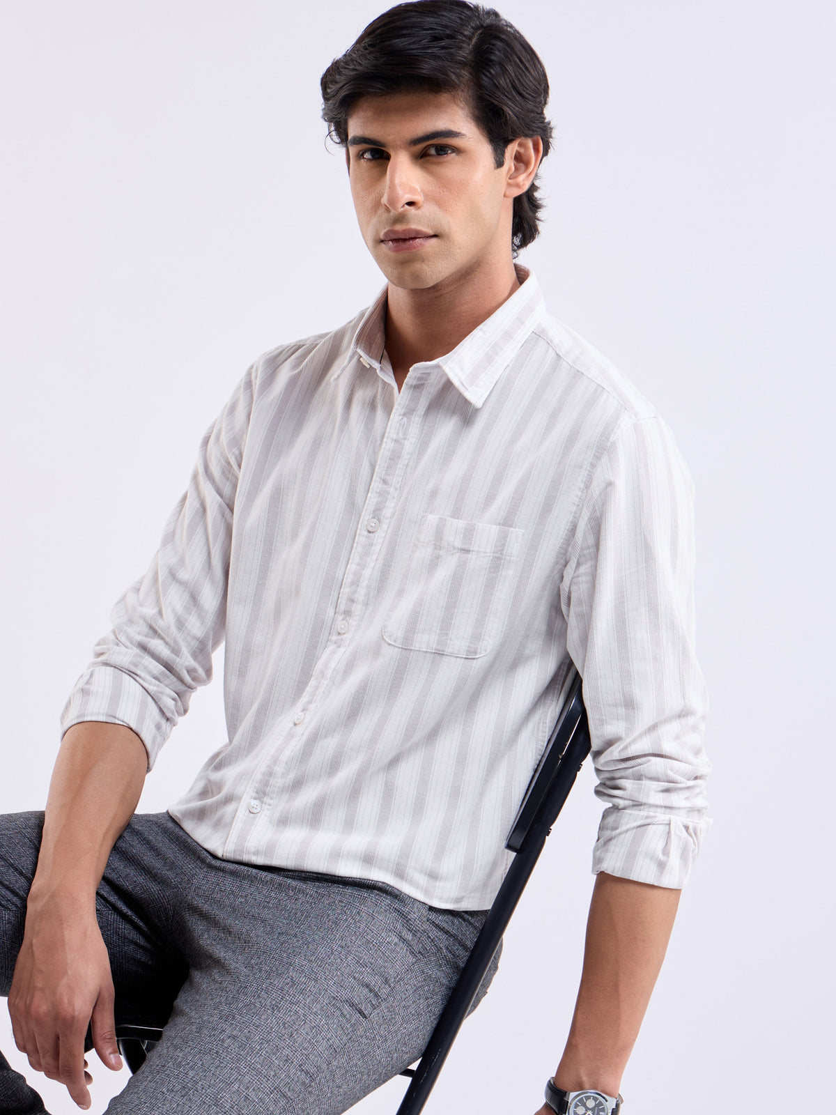 White Striped Regular Fit Shirt - White t4option_0
