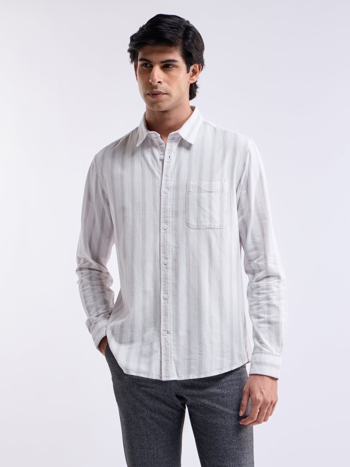 White Striped Regular Fit Shirt - White t4option_0