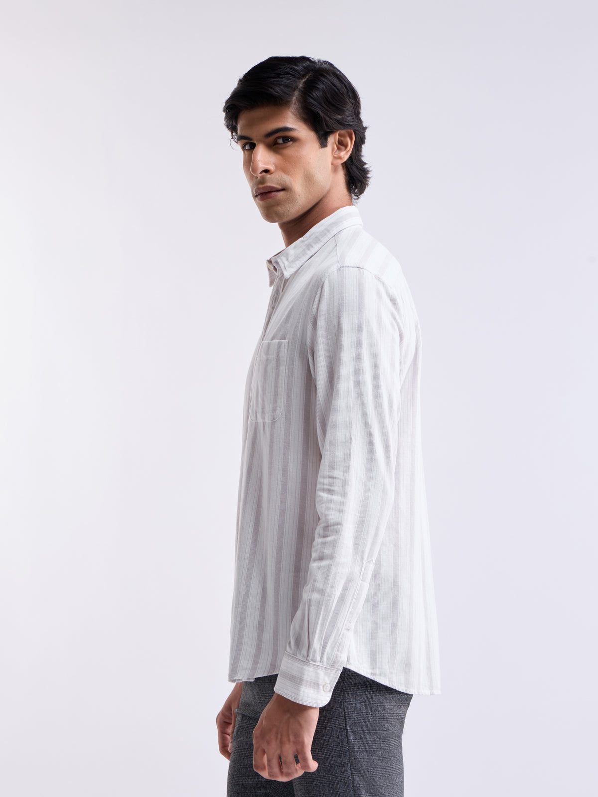 White Striped Regular Fit Shirt - White t4option_0