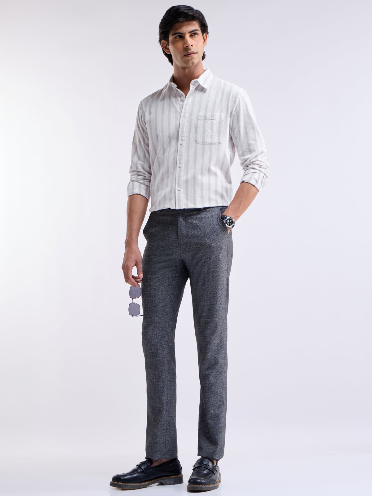 White Striped Regular Fit Shirt - White t4option_0