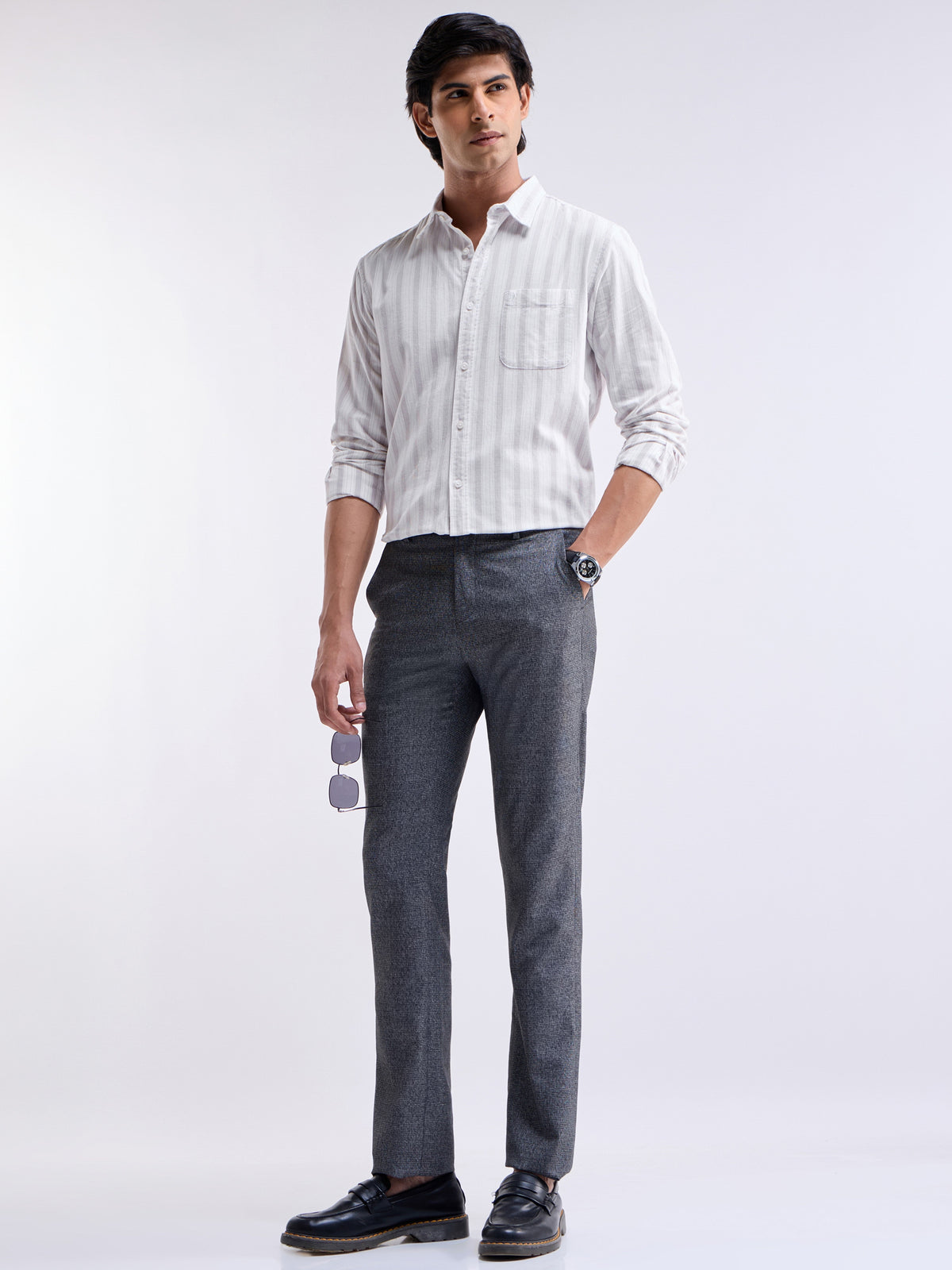 White Striped Regular Fit Shirt - White t4option_0