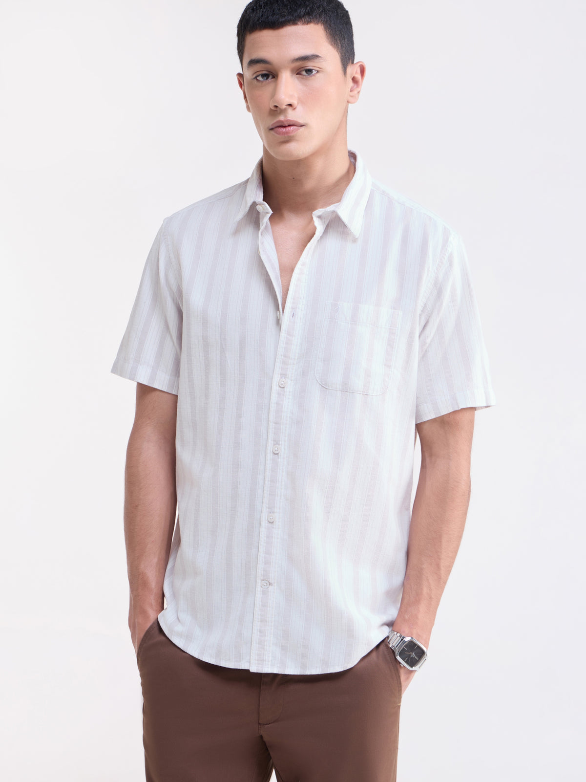 White Striped Regular Fit Shirt - White t4option_0