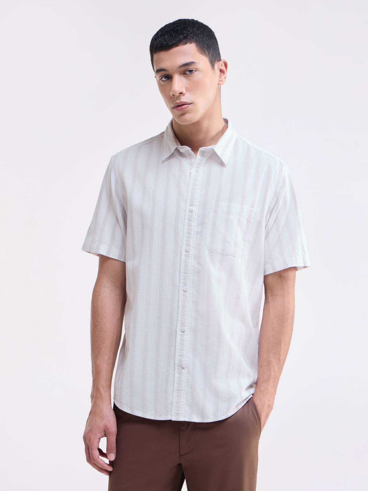 White Striped Regular Fit Shirt - White t4option_0