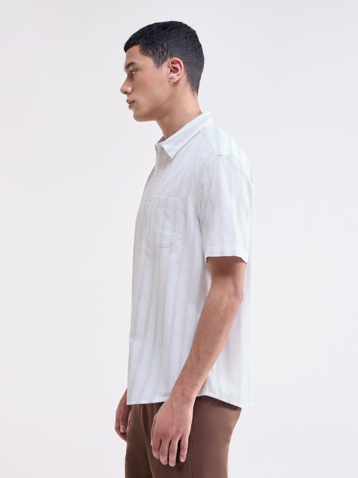 White Striped Regular Fit Shirt - White t4option_0