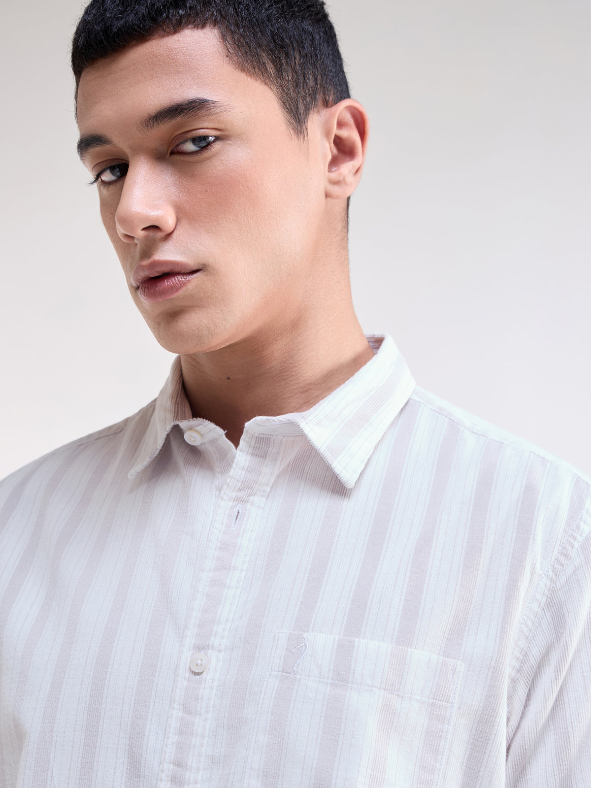 White Striped Regular Fit Shirt - White t4option_0