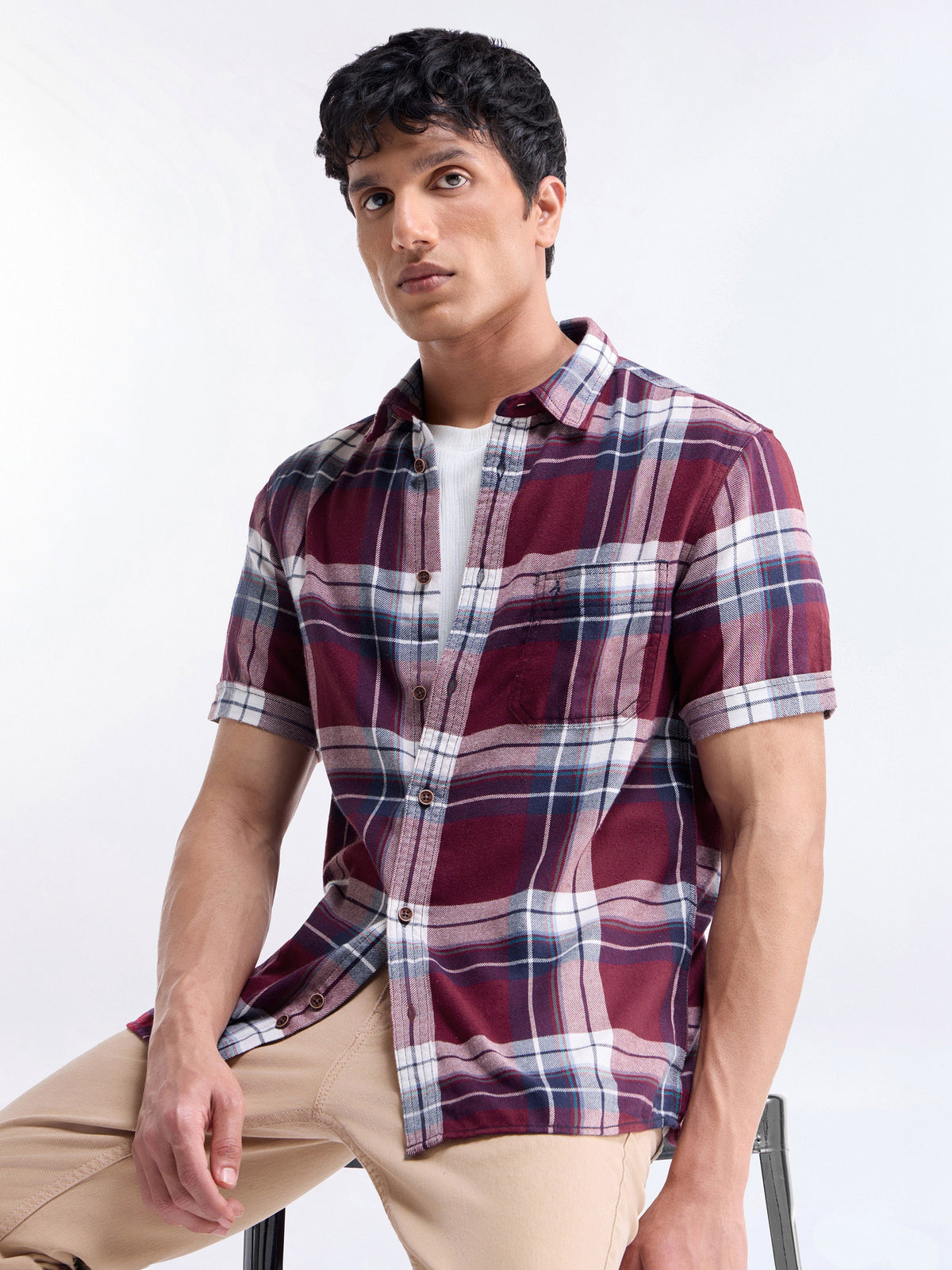 Check Half Sleeve Cotton Shirt - Red t4option_0