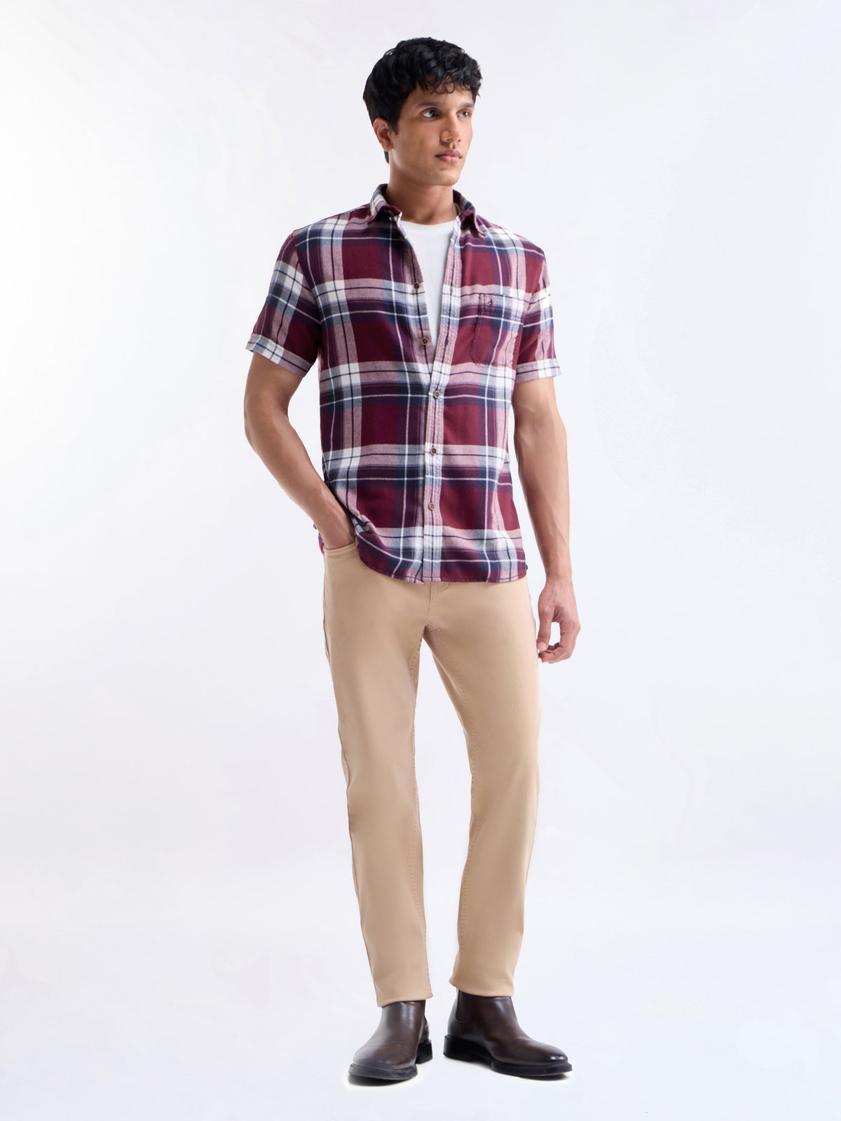 Check Half Sleeve Cotton Shirt - Red t4option_0