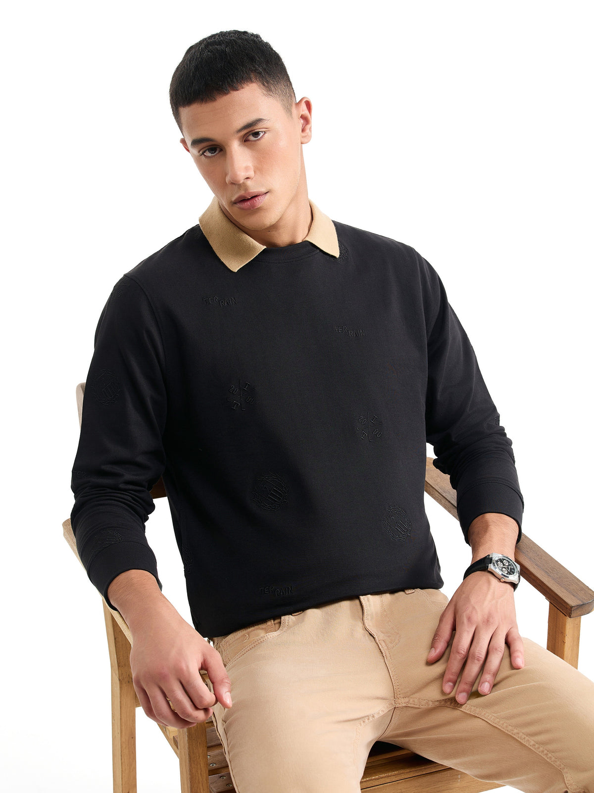 Printed Crew Neck Sweatshirt - Black t4option_0