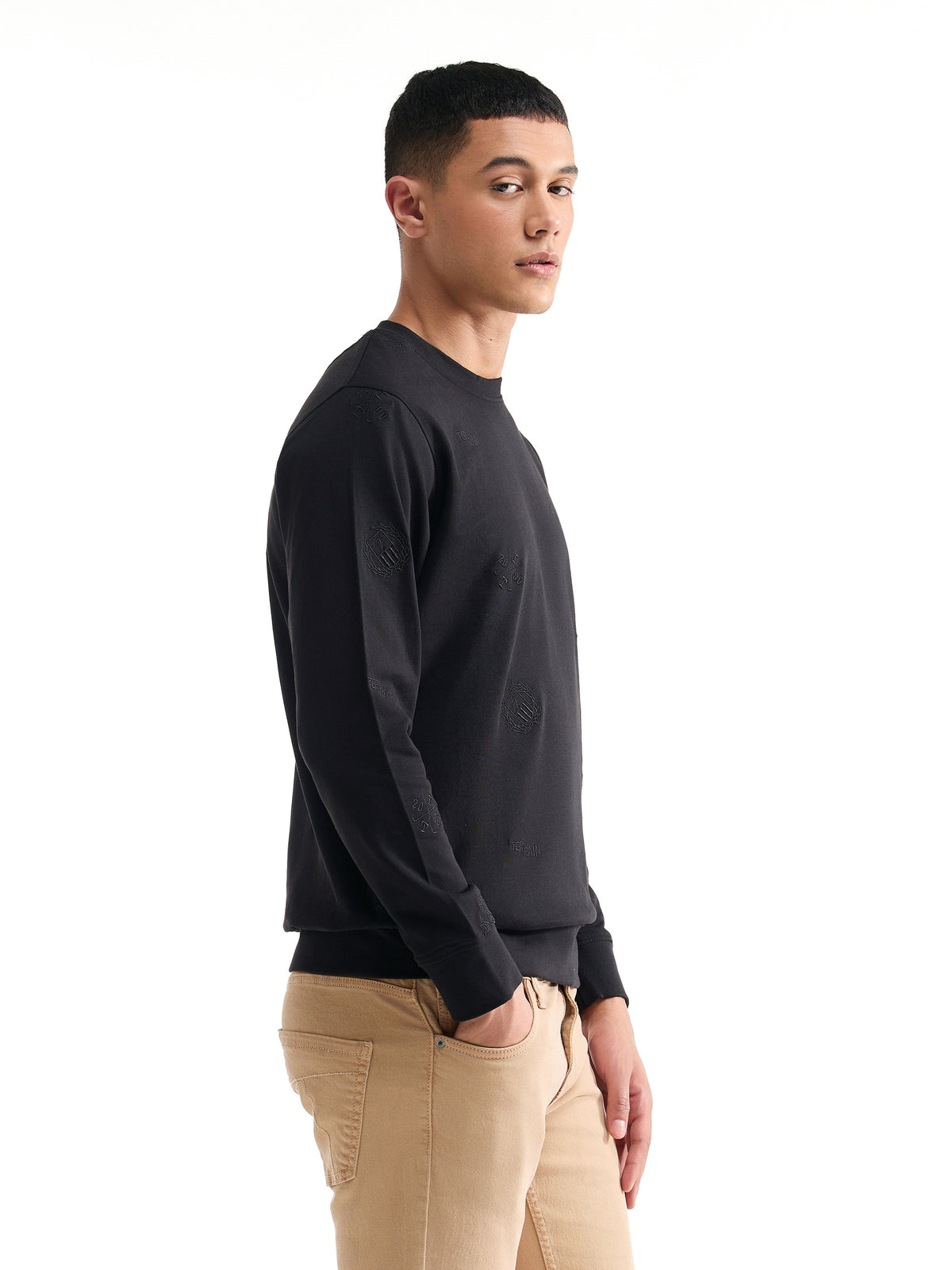 Printed Crew Neck Sweatshirt - Black t4option_0