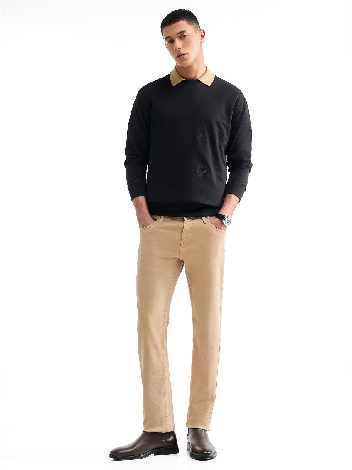 Printed Crew Neck Sweatshirt - Black t4option_0