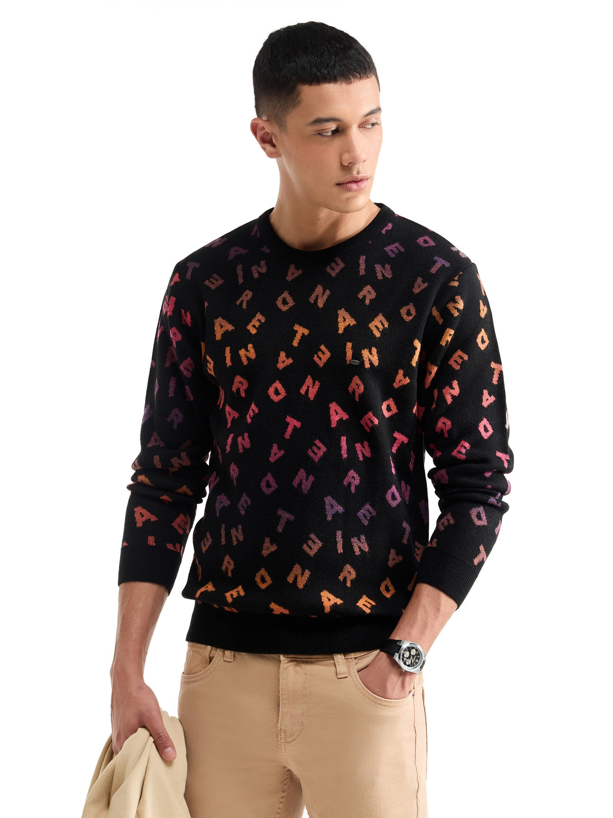Intarsia Full Sleeve Jumper Sweater - Black t4option_0